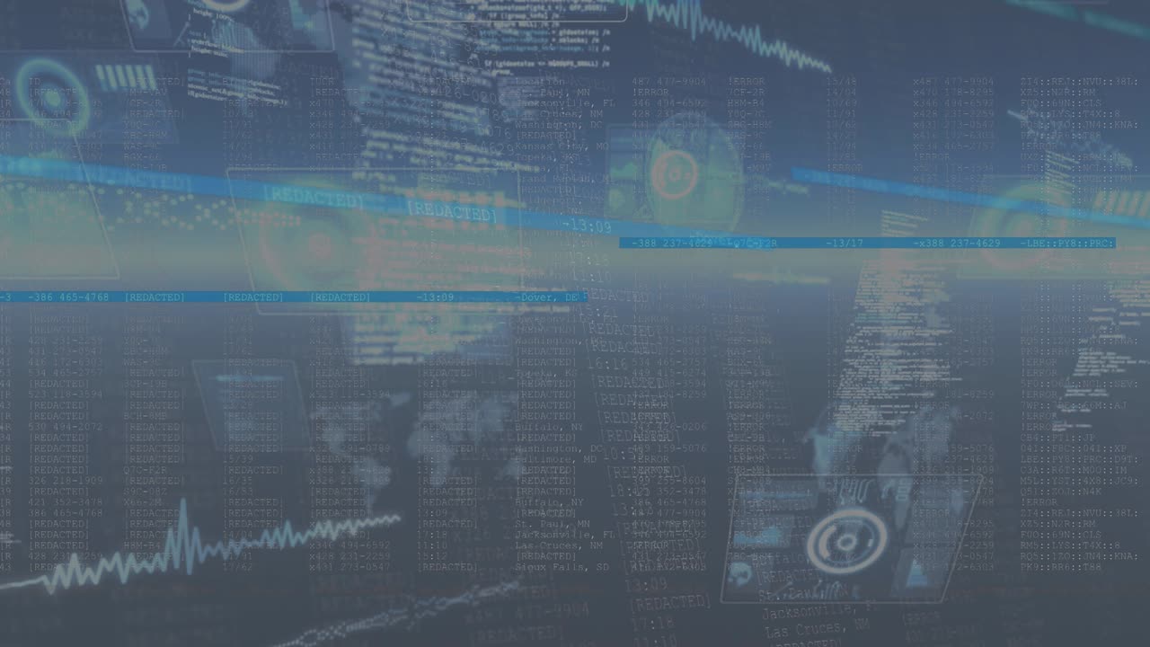 빛나는 인터페이스 화면의 애니메이션으로 정보, 빛 및 텍스트가 어두운 배경 위에 움직입니다.