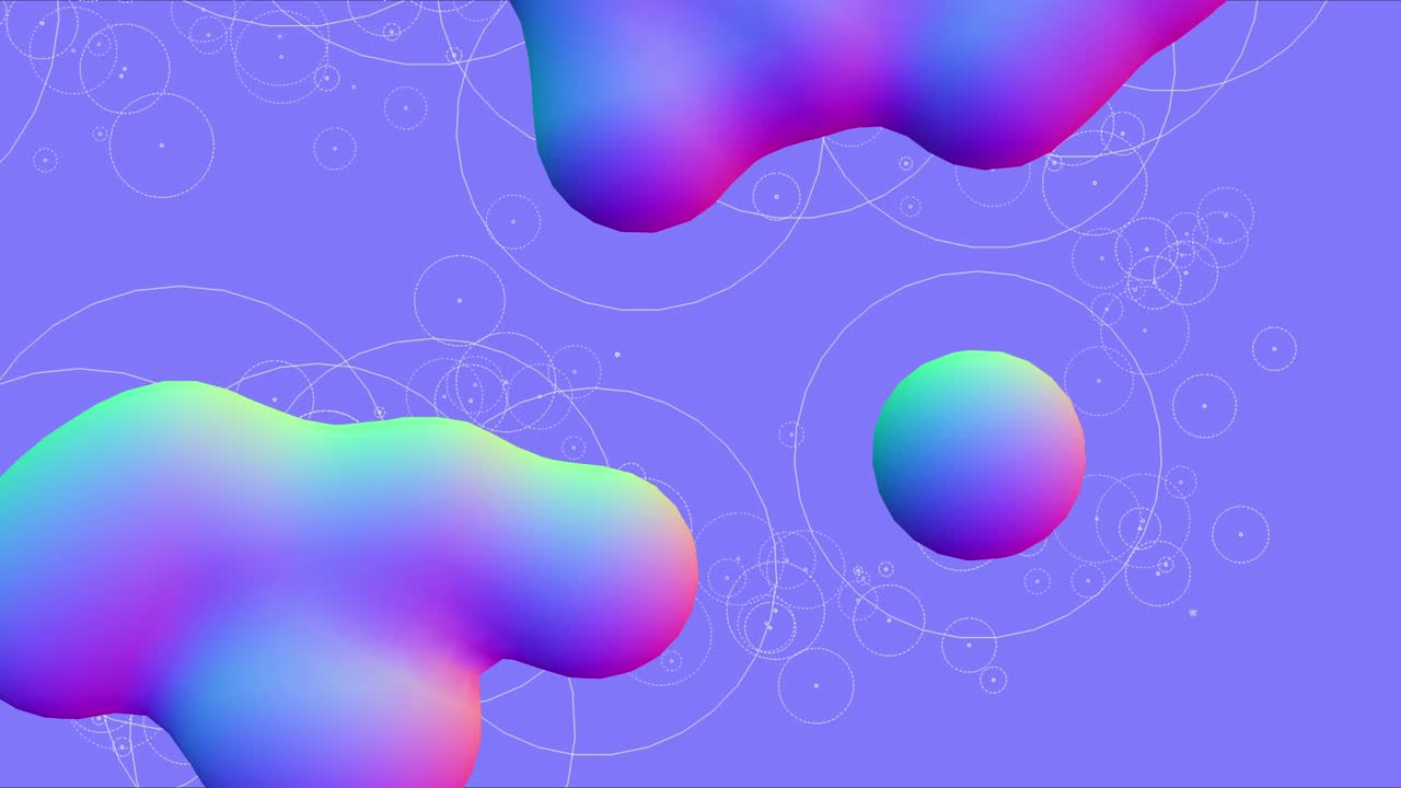 3d animation, many meta spheres with magnetic field and a flow of particles on purple background