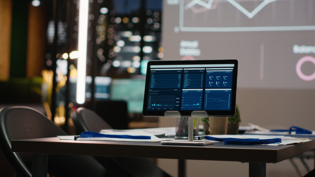 Empty office features modern tools displaying analytics after hours
