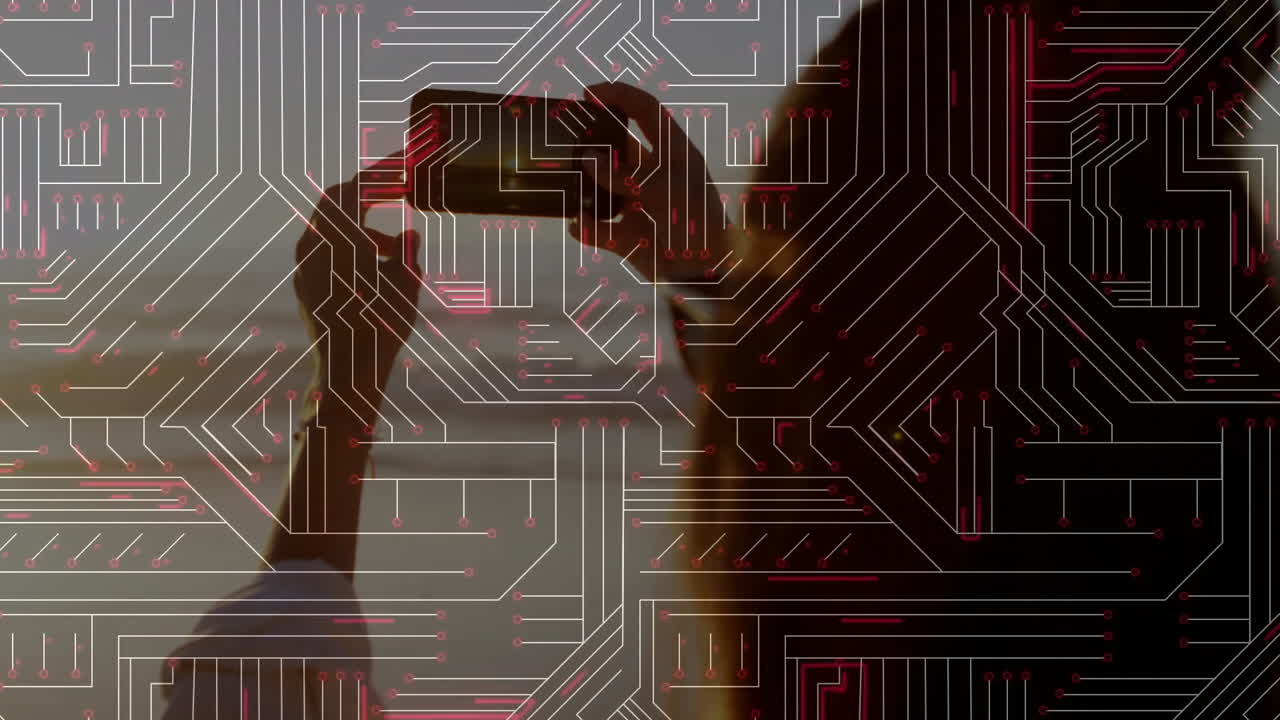 Silhouette of person taking photo over digital circuit board pattern animation