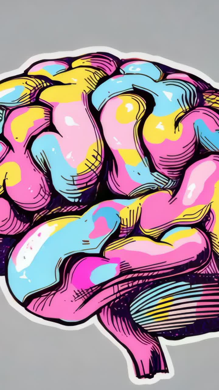 Vertical video: Bright blue paint pooling below brain cutout on desk mixing with yellow droplets