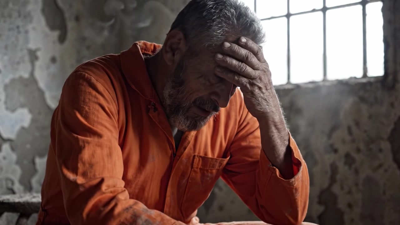 A Reflective Moment in Solitude: An Inmate's Contemplation Captured in a Gritty, Dimly Lit Cell