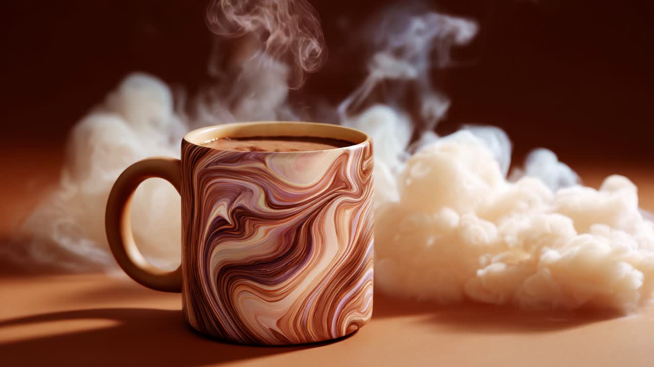 A beautifully crafted mug featuring a mesmerizing swirling pattern, steam rising from its rim, set against a softly colored background, creating a warm and inviting atmosphere perfect for enjoying a cozy beverage