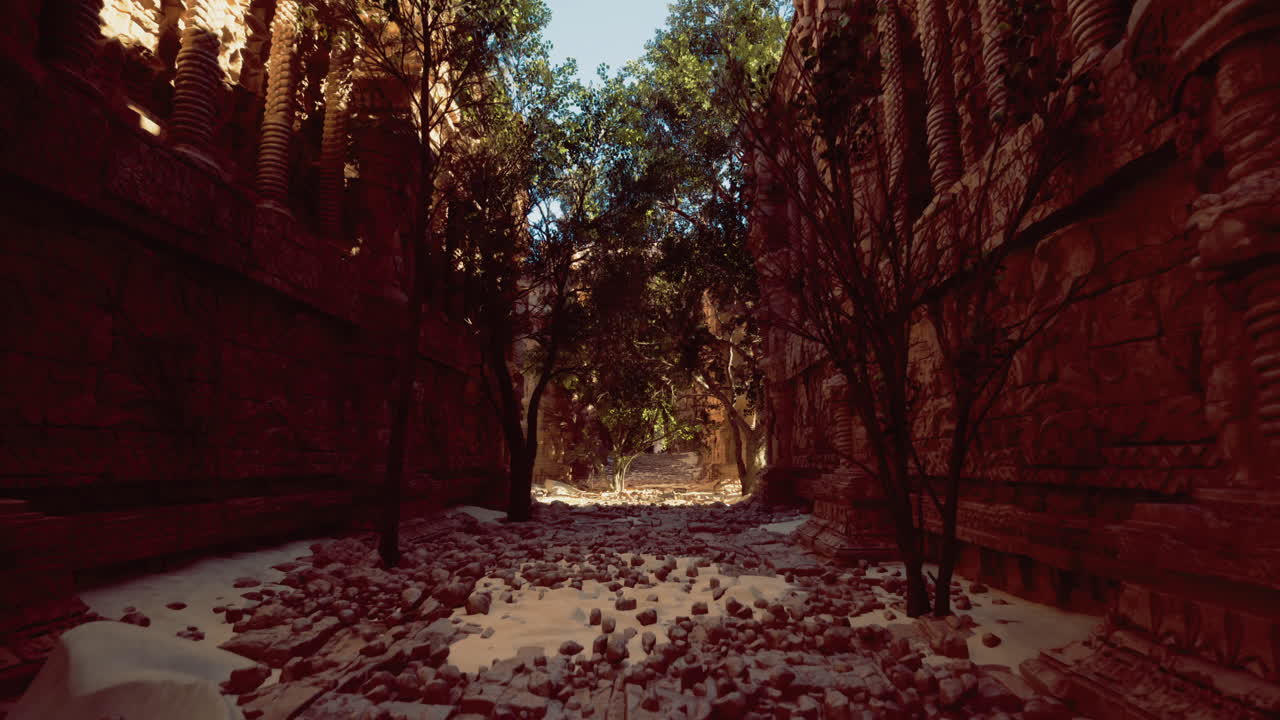 Ancient temple ruins surrounded by lush greenery under bright sunlight