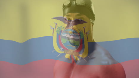 animation of flag of equador over caucasian male swimmer