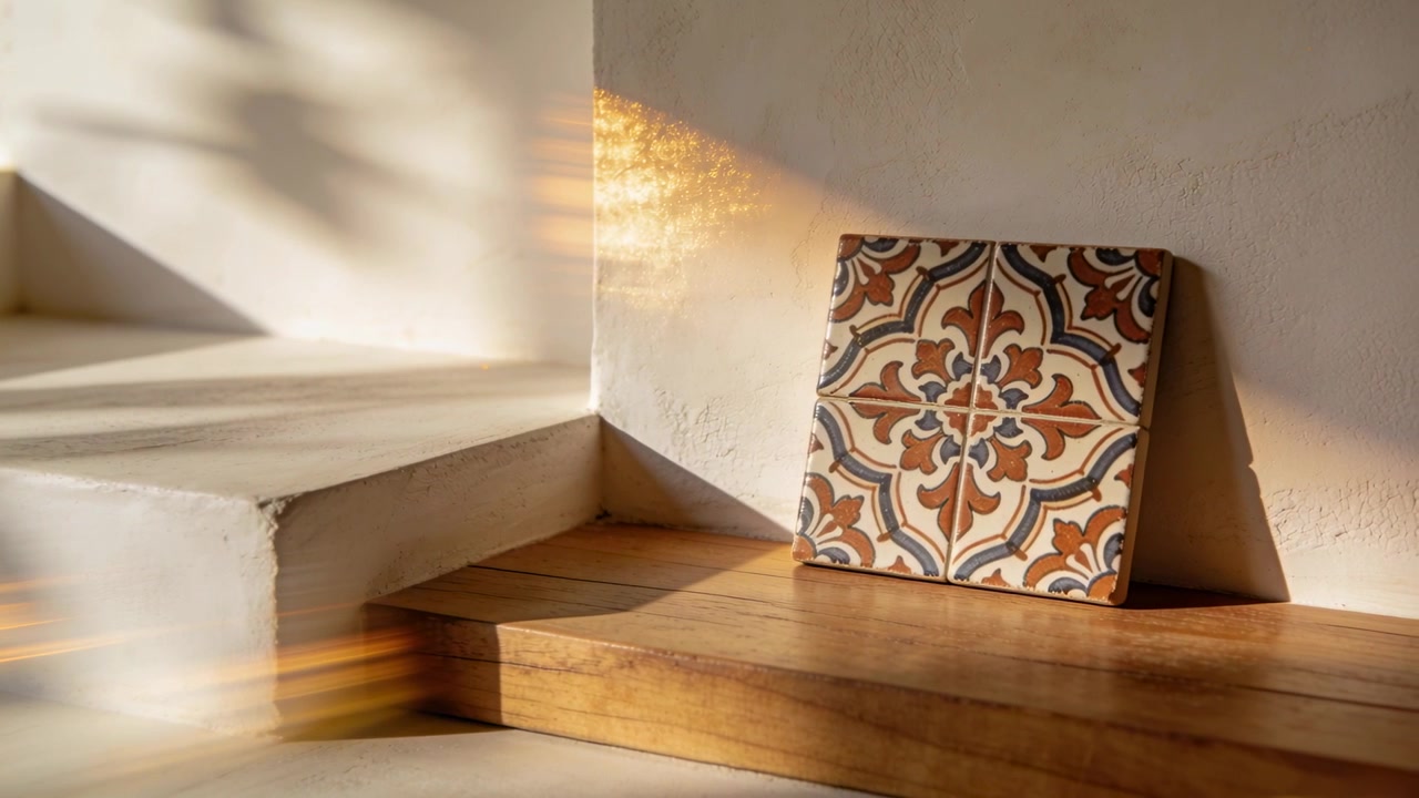 Luce solare che si sposta, entrando dalla finestra e scivolando su piastrelle a fantasia su un gradino nell'angolo di una casa, con spazio per il testo.