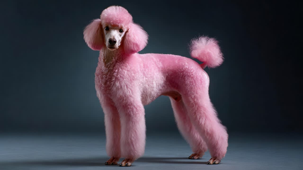 Canlı pembe bir kaniş, stüdyoda kendinden emin bir şekilde yürüyerek yumuşak gri bir arka plan önünde kabarık kürkü ve oyuncu kişiliğini sergiliyor