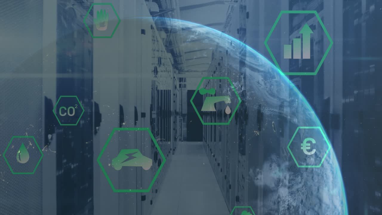 Animation of sustainable icons in hexagons and globe over server room
