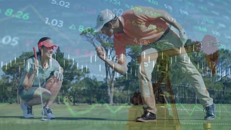 Animation-Von-Statistiken-Und-Datenverarbeitung-über-Golfspieler-Auf-Dem-Golfplatz