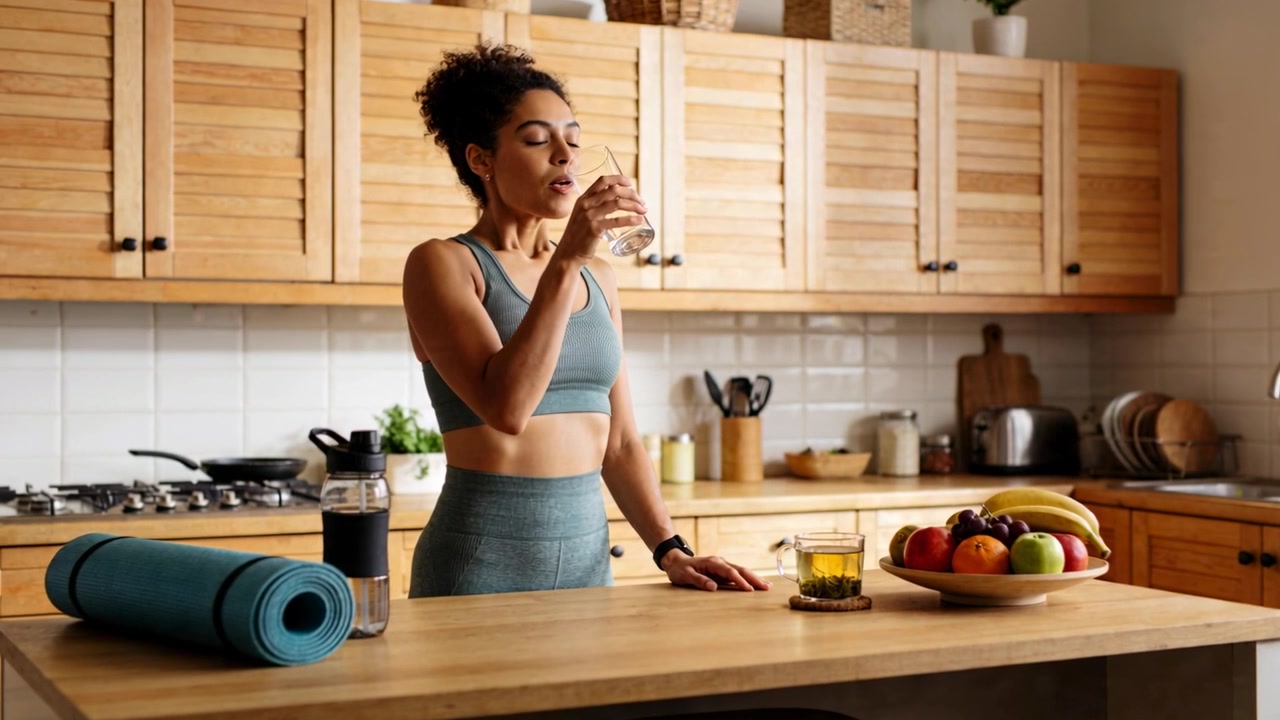 Donna che beve in abbigliamento sportivo color ottanio, sollevando un bicchiere all'isola della cucina dopo una sessione di yoga, con un tappetino da yoga