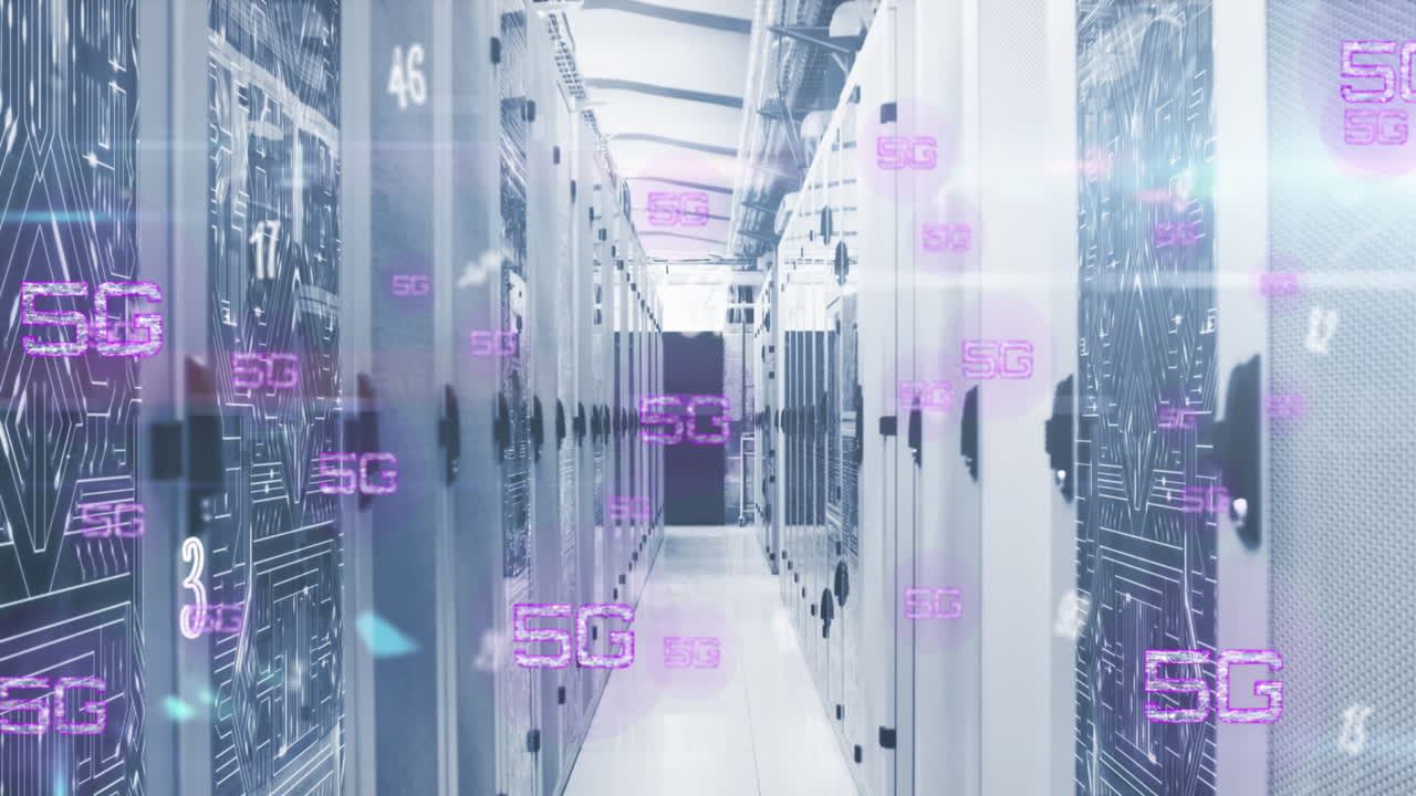 Animation of 5g text banners and numbers floating against computer server room