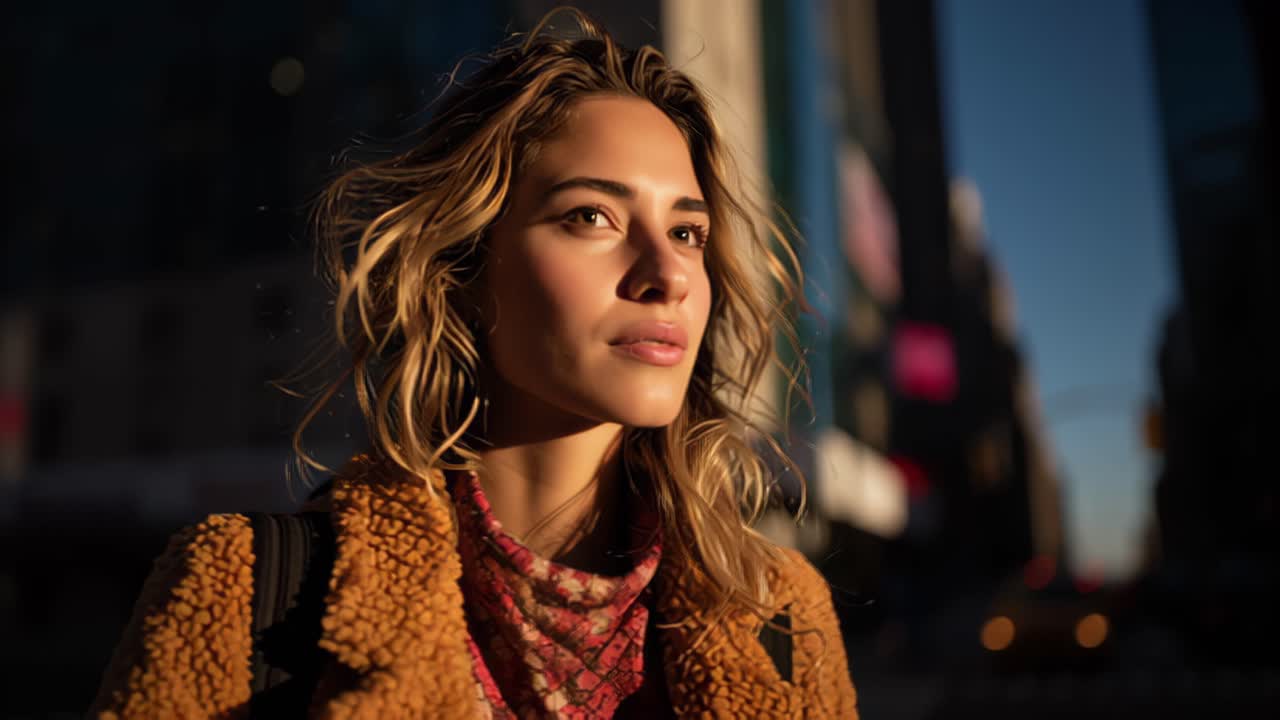 Close up footage of a stylish young woman walking through a city street at golden hour, warm sunset light on her face, blurred urban background with traffic creating a cinematic atmosphere