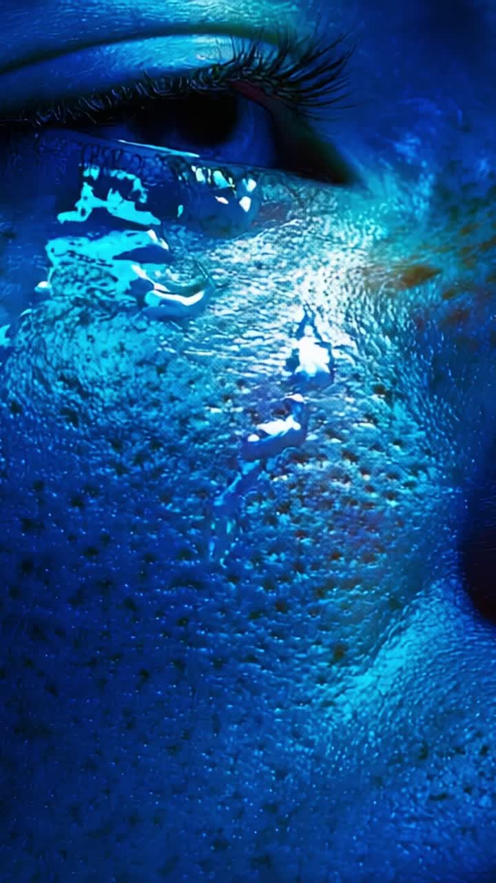 Primo piano di un occhio umano con luccicanti lacrime blu, che mette in risalto la texture unica della pelle e la profondità emotiva in una palette di colori vivida e accattivante