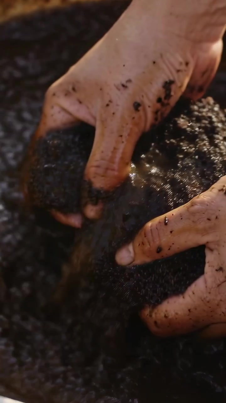 Vertical video: Cupping hands lifting, pressing wet mud in shallow bowl, forming tight clumps