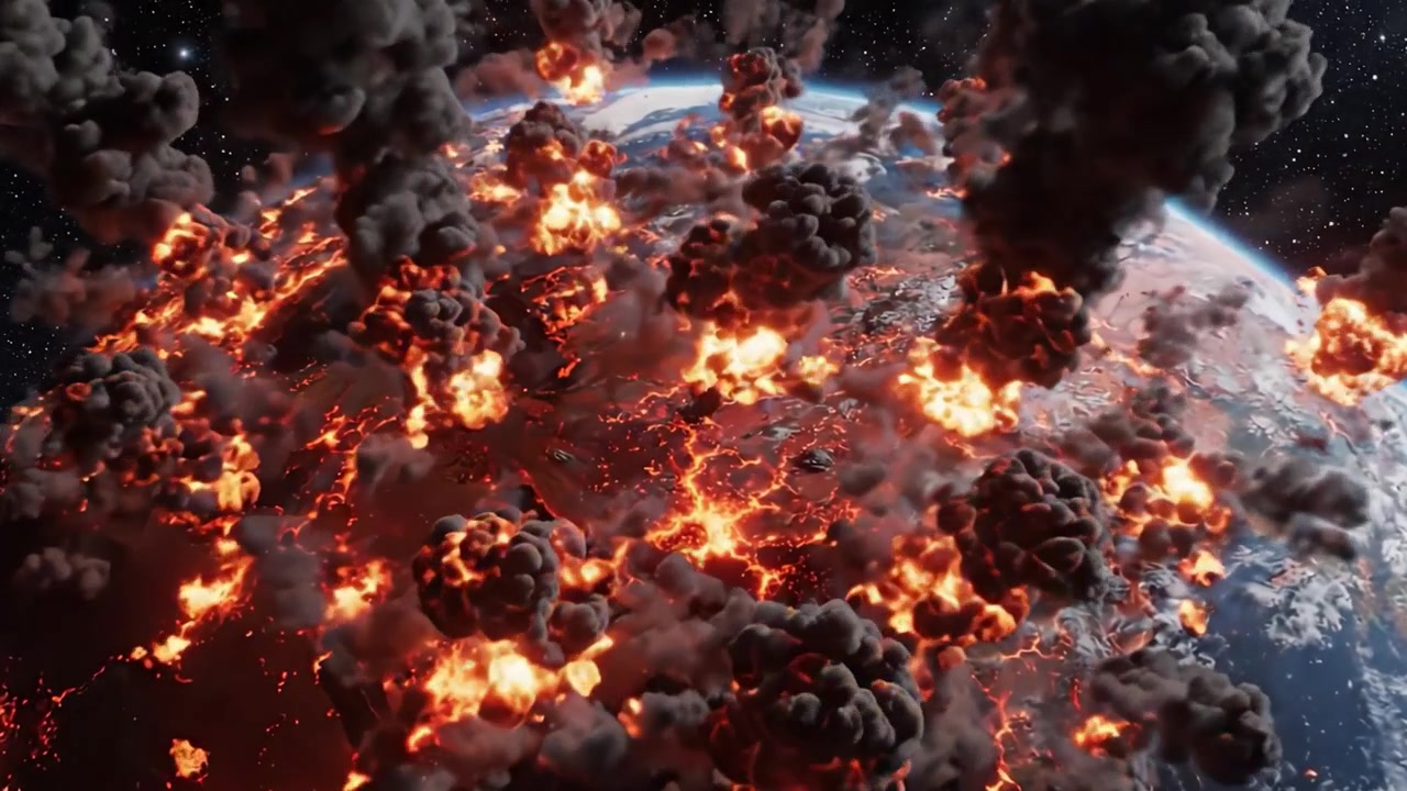 A Chaotic Cataclysm: A Planet in Flames and Turmoil, Witness the Stunning Transformation of Earth Captured in Two Dramatic Frames of Destruction and Explosion