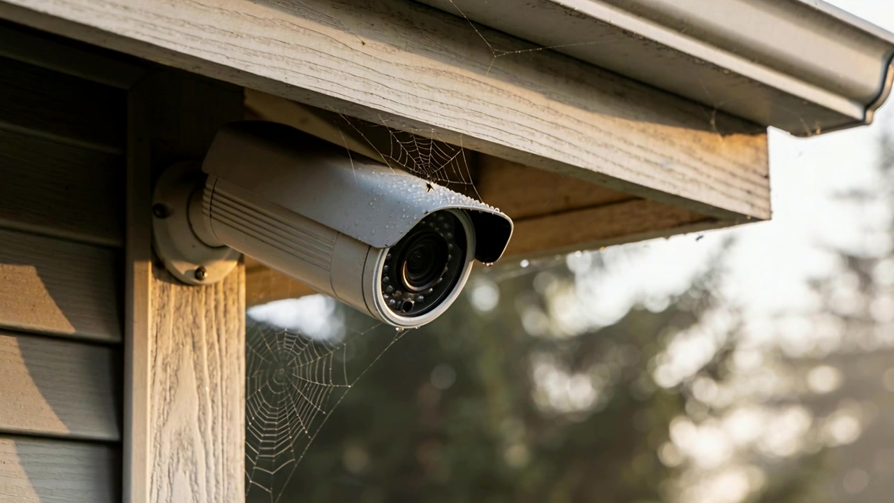 Mostrando una telecamera di sicurezza in metallo posizionata sotto il sottotetto, con la luce del sole che si sposta sulla ragnatela e sulle venature del legno.