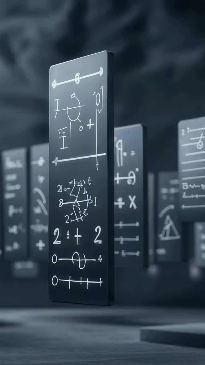 Vertical video: Gliding camera starting across dark gallery, unveiling floating schematic panels