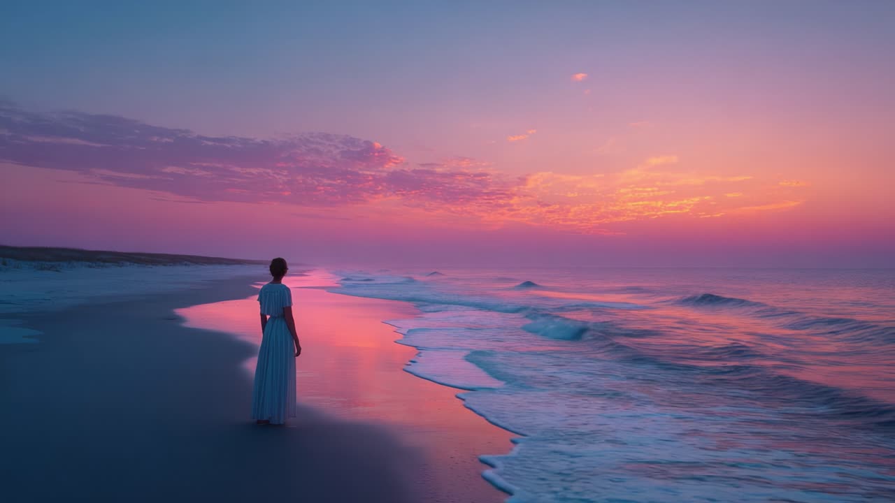 A Serene Woman in a White Dress Contemplates the Tranquil Ocean at Sunrise as Vibrant Pink and Purple Hues Reflect on the Water's Surface, Capturing a Moment of Peace