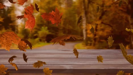 Digitale-Animation-Mehrerer-Herbstblätter,-Die-über-Einer-Holzoberfläche-Vor-Dem-Wald-Schweben