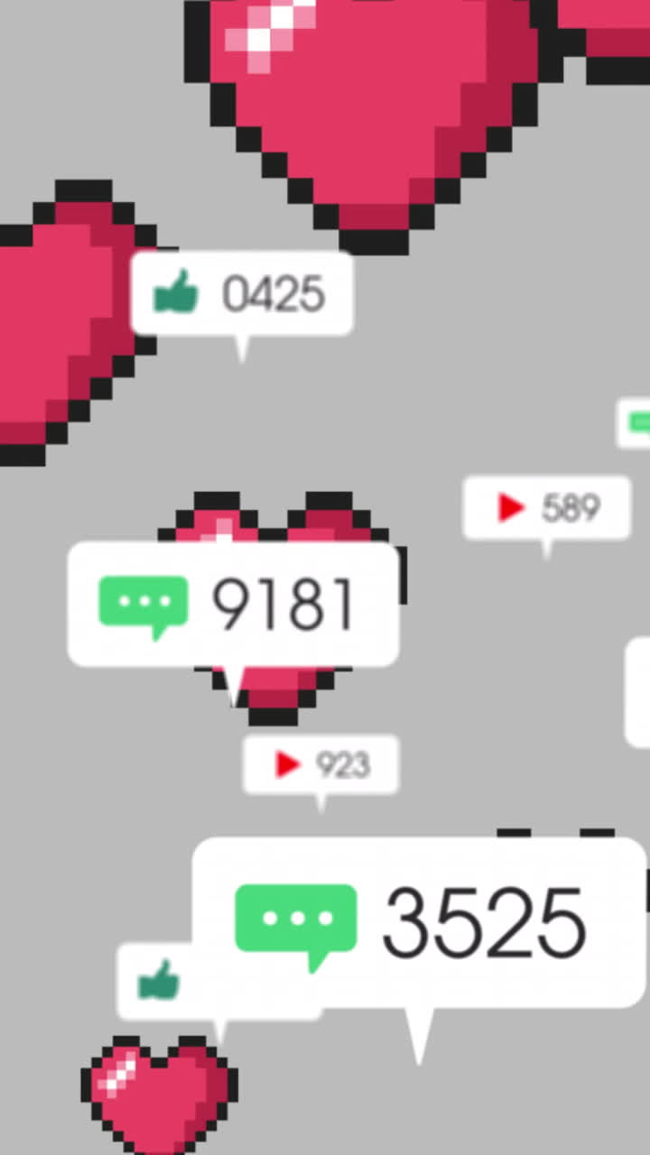 animación de los medios y los iconos de corazón en fondo gris