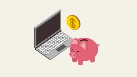 transferencia de monedas de computadora portátil a la alcancía