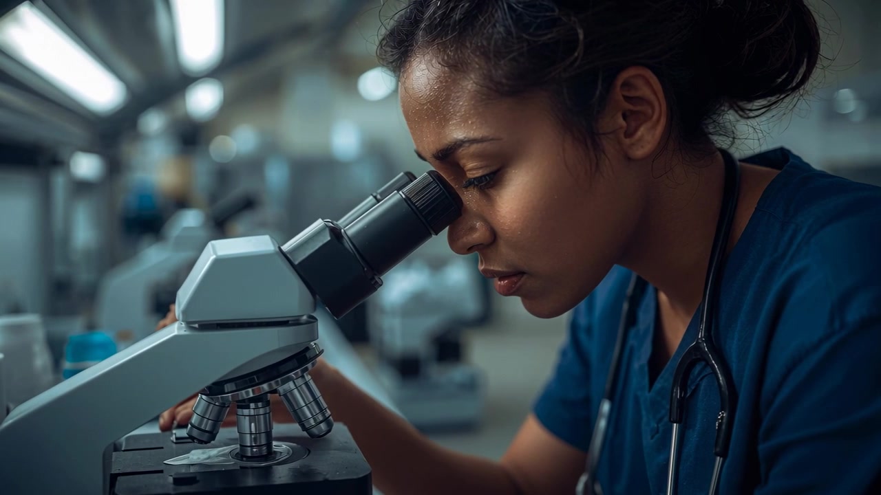 Un clinico in camice blu con stetoscopio si posiziona al microscopio, chinandosi sull'oculare per studiare un vetrino.