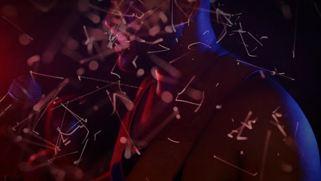 Woman vocalist performing on music stage, displaying dynamic digital data lines over lighting
