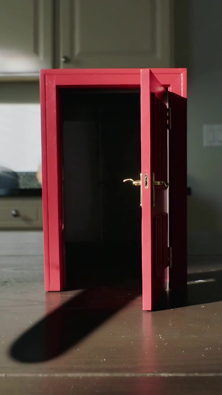 Video verticale: Piccola porta rossa che oscilla reagendo alla luce del sole in cucina, con la maniglia di ottone che gira.