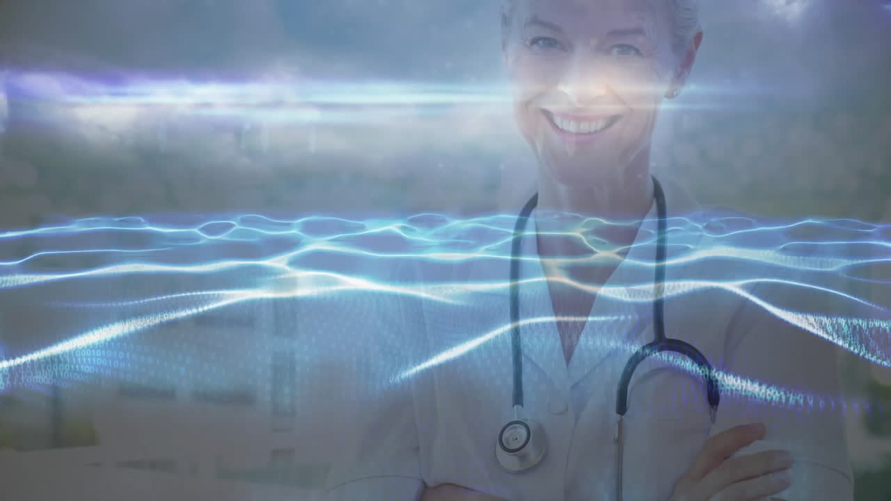 Female doctor wearing lab coat and stethoscope displaying medical waveforms and binary code overlay