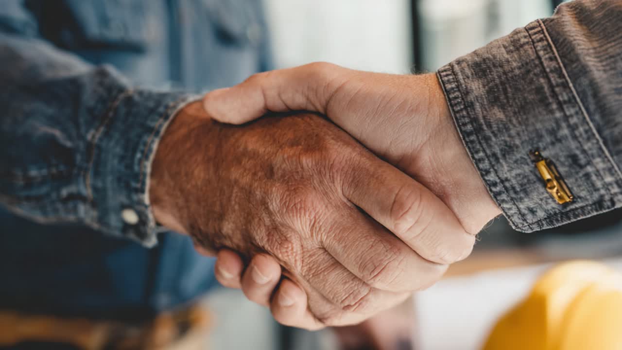 Un momento ravvicinato di due individui che siglano un accordo con una stretta di mano ferma, simboleggiando fiducia, partnership e collaborazione in un ambiente professionale.