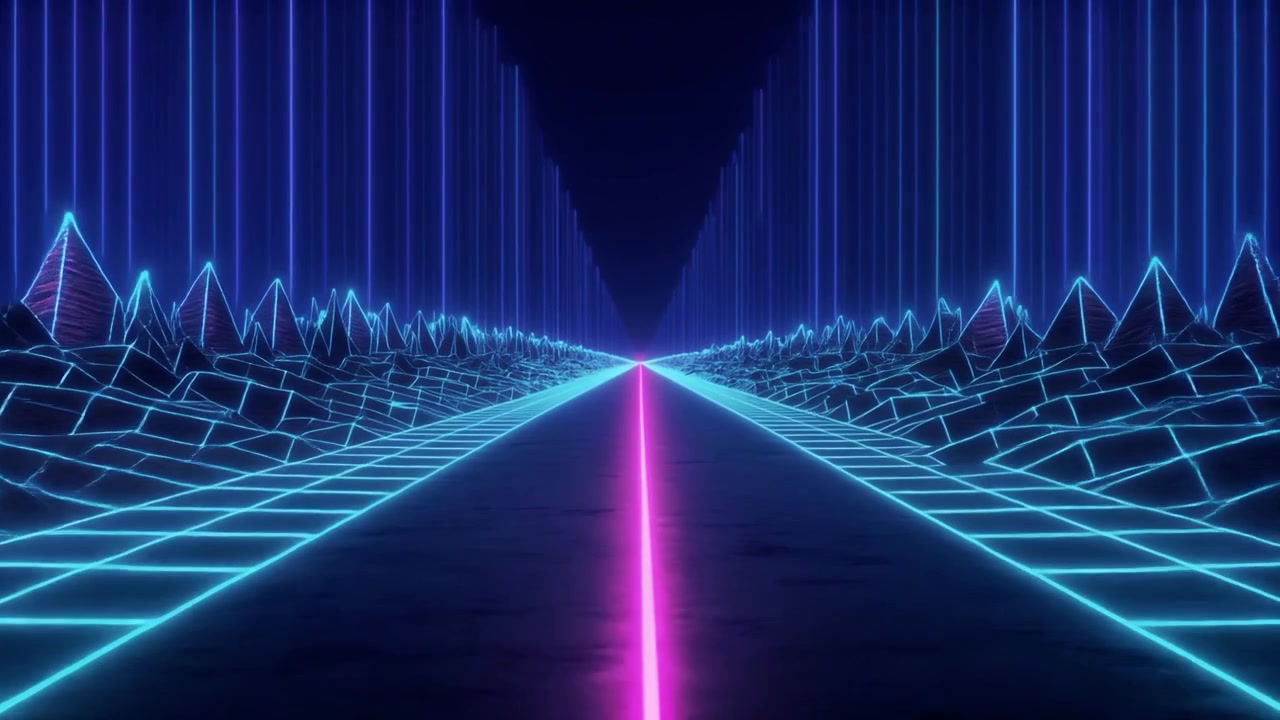 Paesaggio digitale Retro Synthwave con griglia al neon luminosa