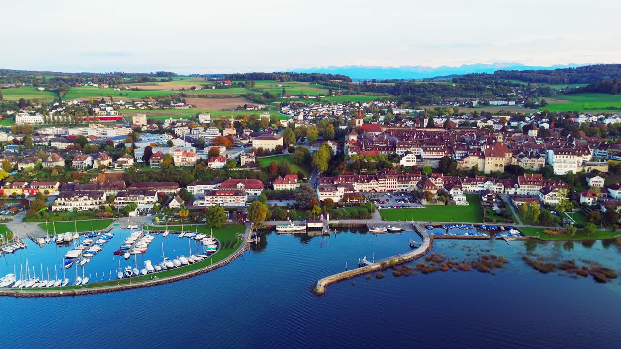 Murten Switzerland from above from a drone flying over the lake.