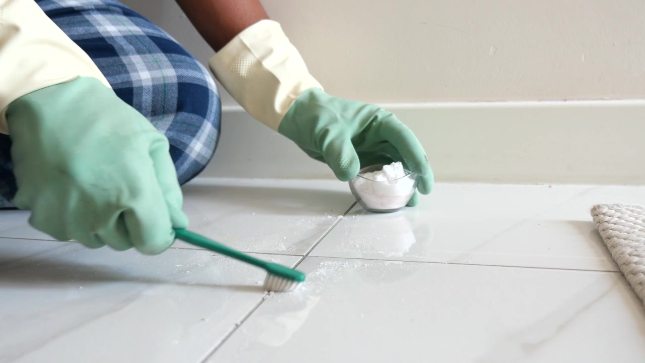 Person Scrubbing Tile Grout with Toothbrush and Cleaning Powder