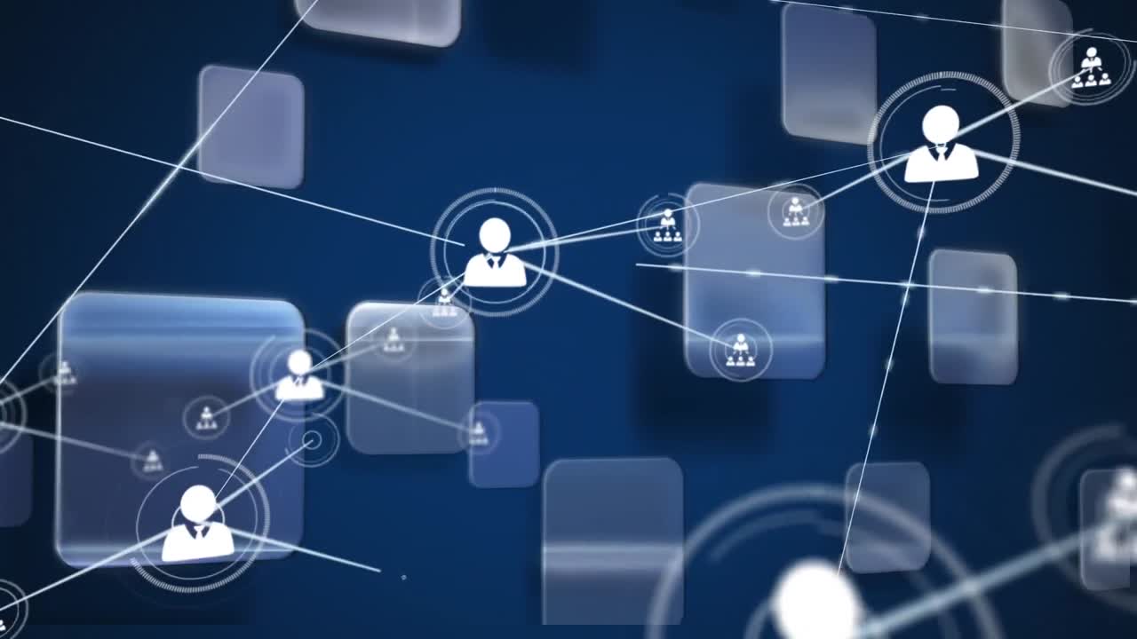 animación de una red de iconos de perfil y múltiples formas cuadradas contra un fondo azul