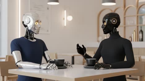 two advanced robots engaged in a conversational interaction over coffee in a modern café setting, demonstrating human-like behavior and design