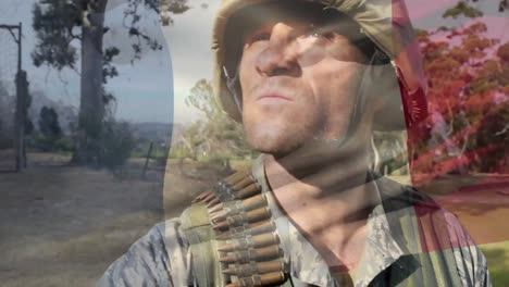 composición digital de agitar la bandera de francia contra un soldado con un arma en el campamento de entrenamiento