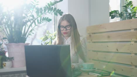 mujer joven trabajando en una computadora portátil en un café