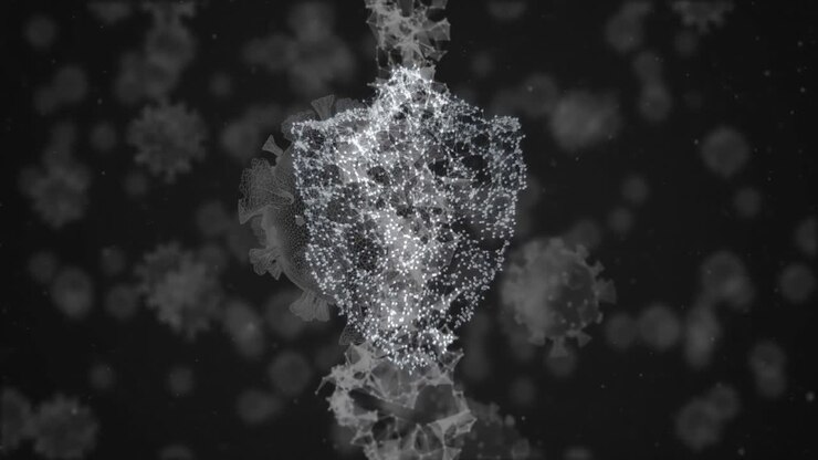 DNA and coronavirus cells flying over black background.