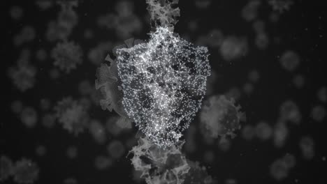 dna and coronavirus cells flying over black background.