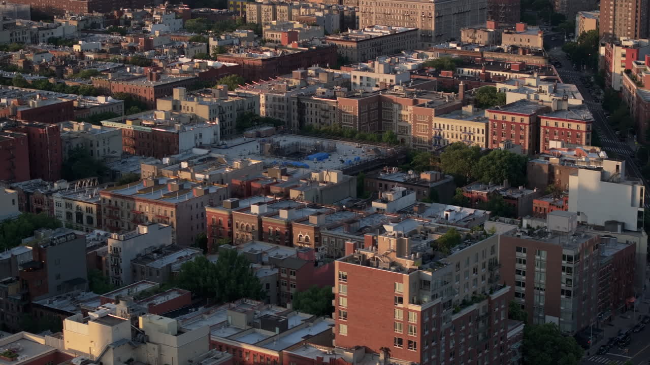 Aerial view of Harlem at sunrise. Shot in New York City