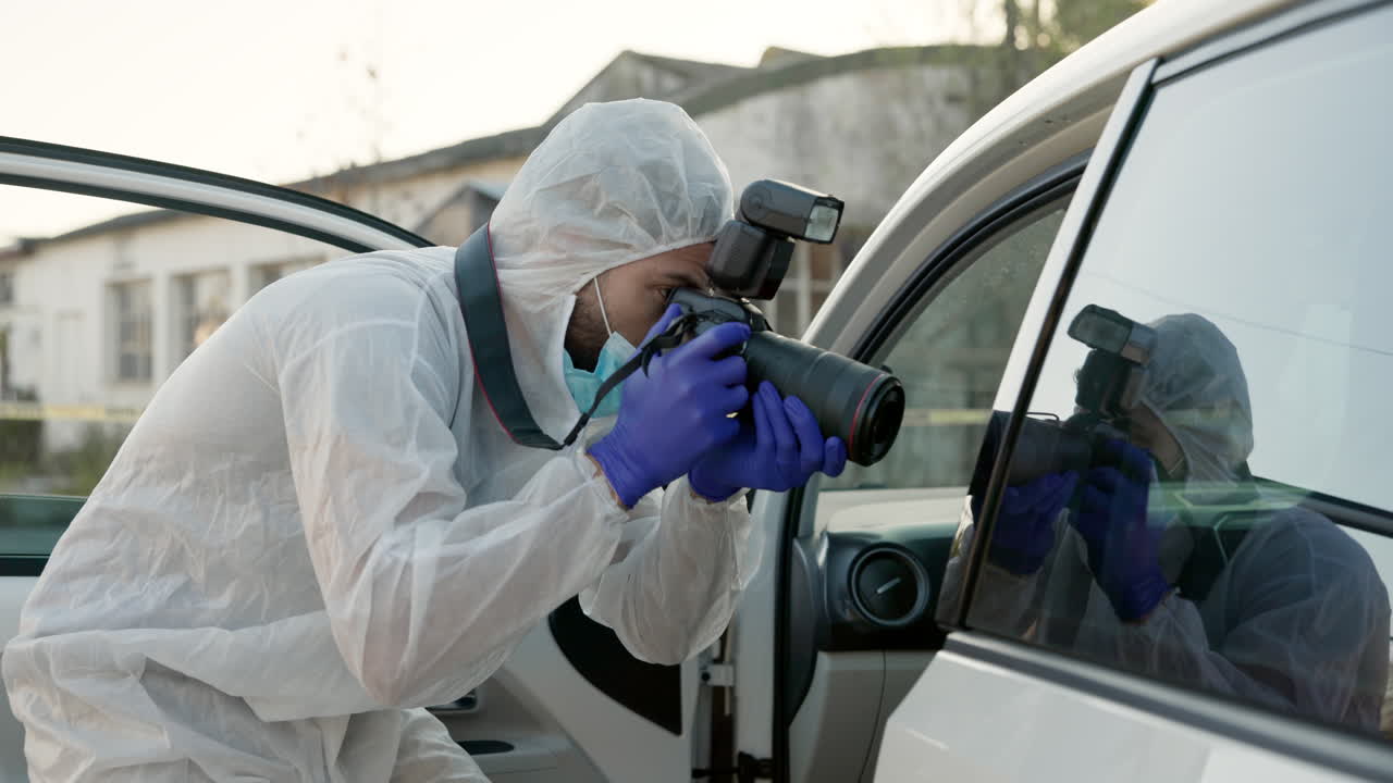Forensic scientist photographing evidence at a crime scene