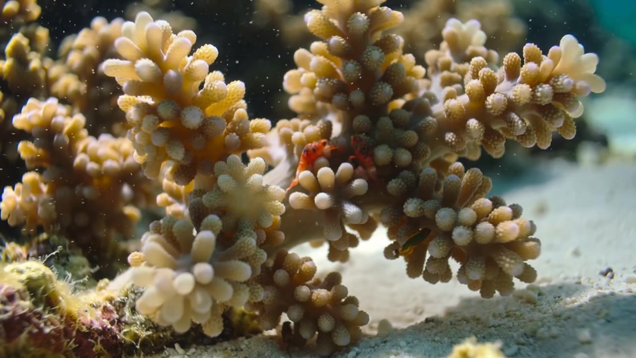 Avvicinandosi alla telecamera, un animale di barriera rosso-arancio emerge da un corallo color sabbia su un fondale sabbioso, scrutando l'acqua.