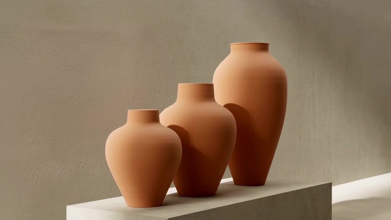 Composizione statica di vasi in terracotta, su sfondo neutro con illuminazione soffusa, con vasi in terracotta, con texture in terracotta, da una prospettiva dall'alto, con accenti marroni e beige.