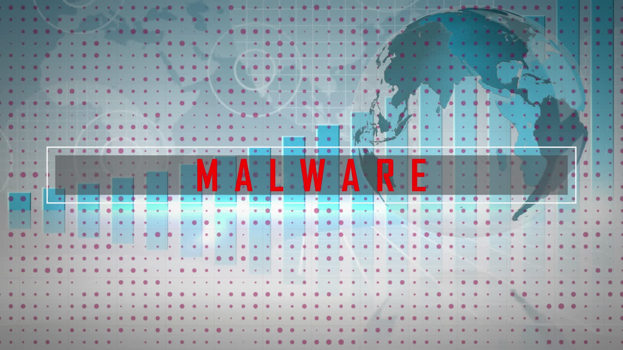 animación de texto de malware y globo con diagramas en fondo blanco