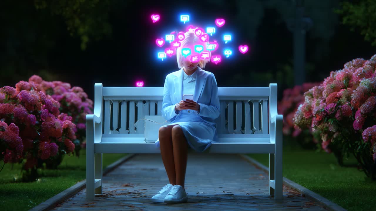 A serene evening scene depicting a young woman sitting alone on a bench, surrounded by blooming flowers, as colorful digital notifications of hearts and messages float above her head, signifying connection and interaction