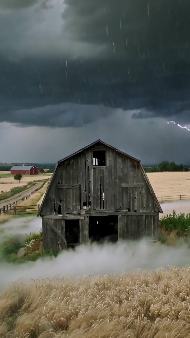 Video verticale: Fronte temporalesco che si abbassa portando nebbia e pioggia verso un fienile di legno in una fattoria, con fulmini.
