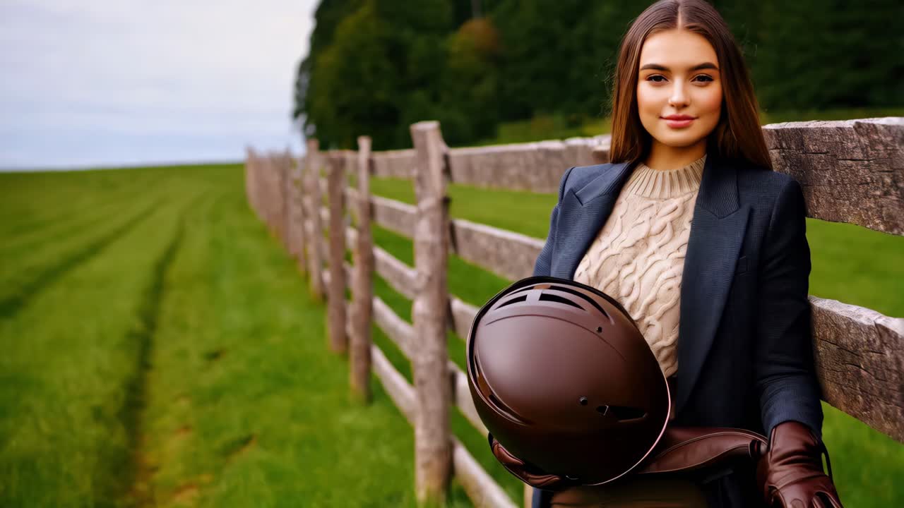 mujer en un traje elegante apoyándose contra una valla con un casco de montar