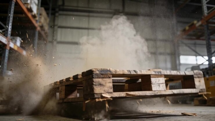 Pallet di legno che sbatte ruotando su un pavimento di cemento in un magazzino, sollevando una nuvola di polvere e schegge.