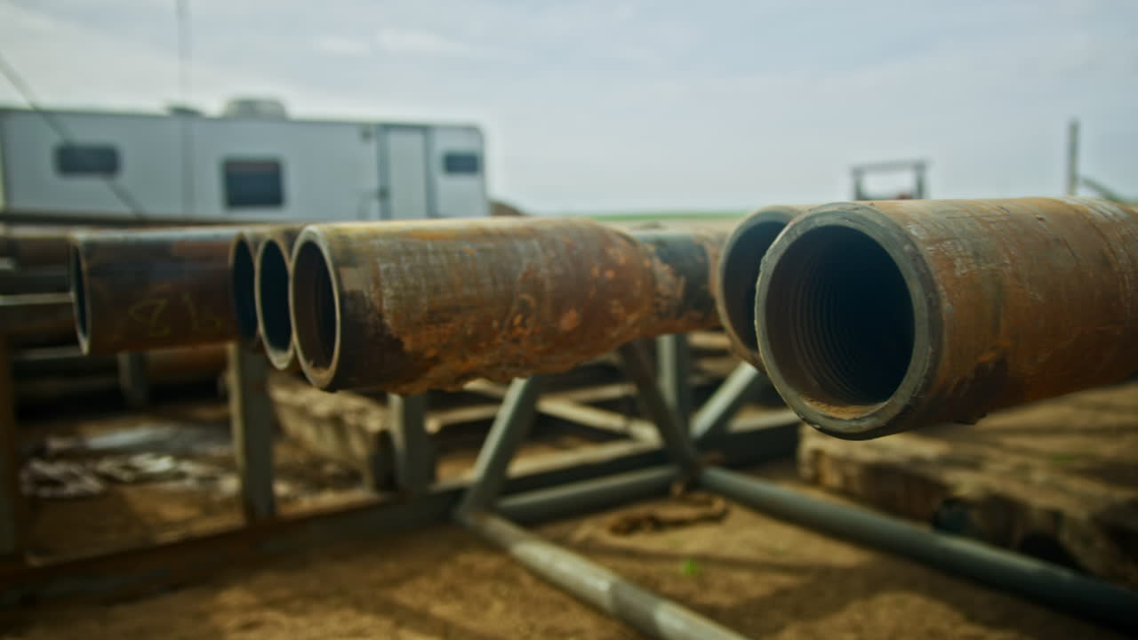 Metal pipes with thickening at the end and rifled inside. Materials used at drilling gas or oil outdoors. Close up.