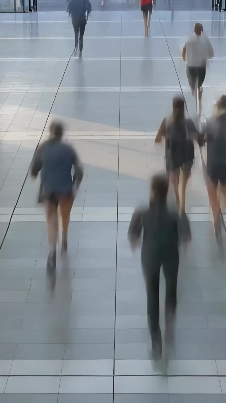 Vídeo vertical: Passageiros caminhando vindos do fundo, indo para o trabalho em um saguão ladrilhado, de terno.
